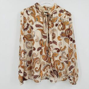 Ann Taylor Size Medium Orange Shimmer Paisley Print Tie Neck Blouse Top Career